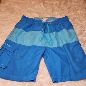 Teal Cove Swim Trunks – Blue Two-Tone, Mesh Lined, Size Small
